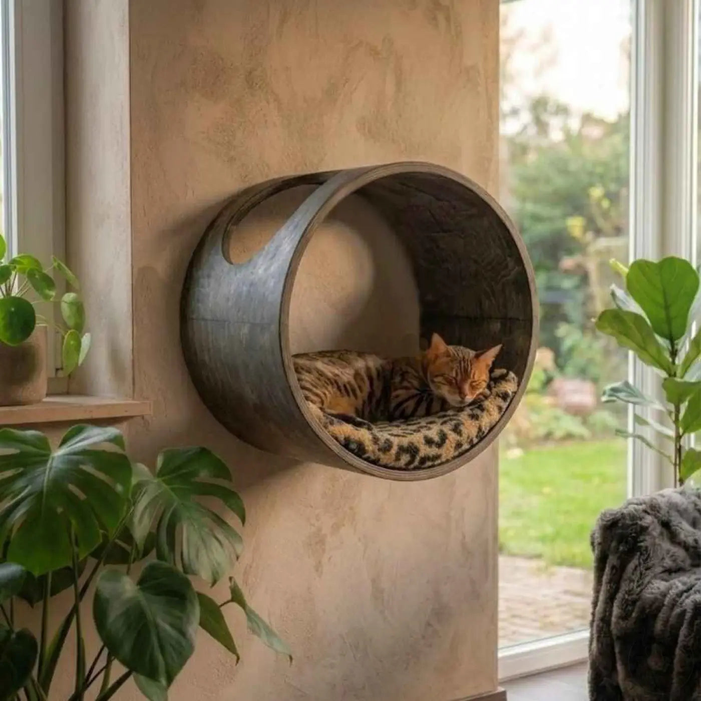 Eine dunkle metallische phinias runde katzenliege mit mondförmigem kissen und leopardmuster als wand katzenmöbel