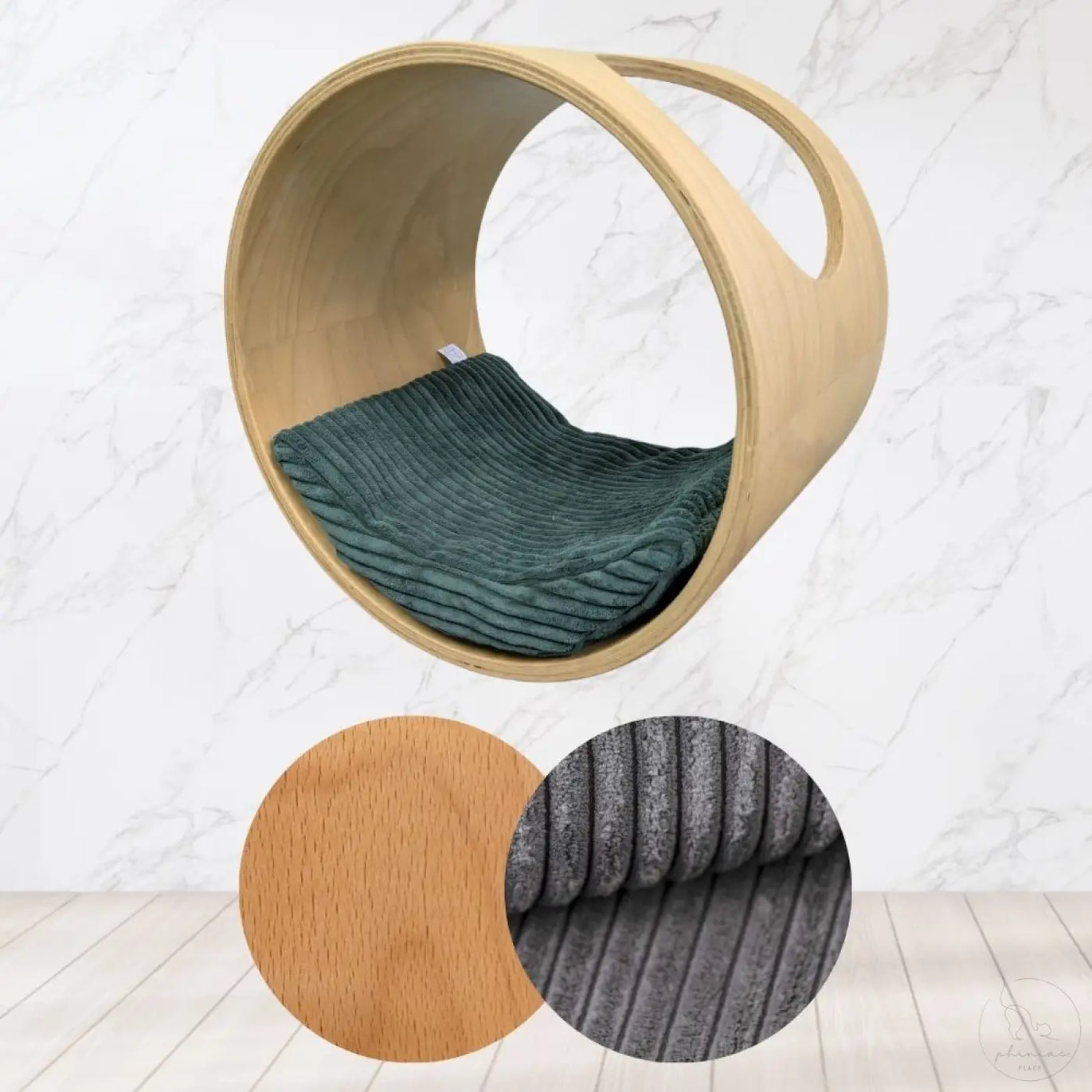 Phinias runde katzenliege booba mit mondförmigem kissen und hellholz wand katzenmöbel mit grünem corduroy kissen