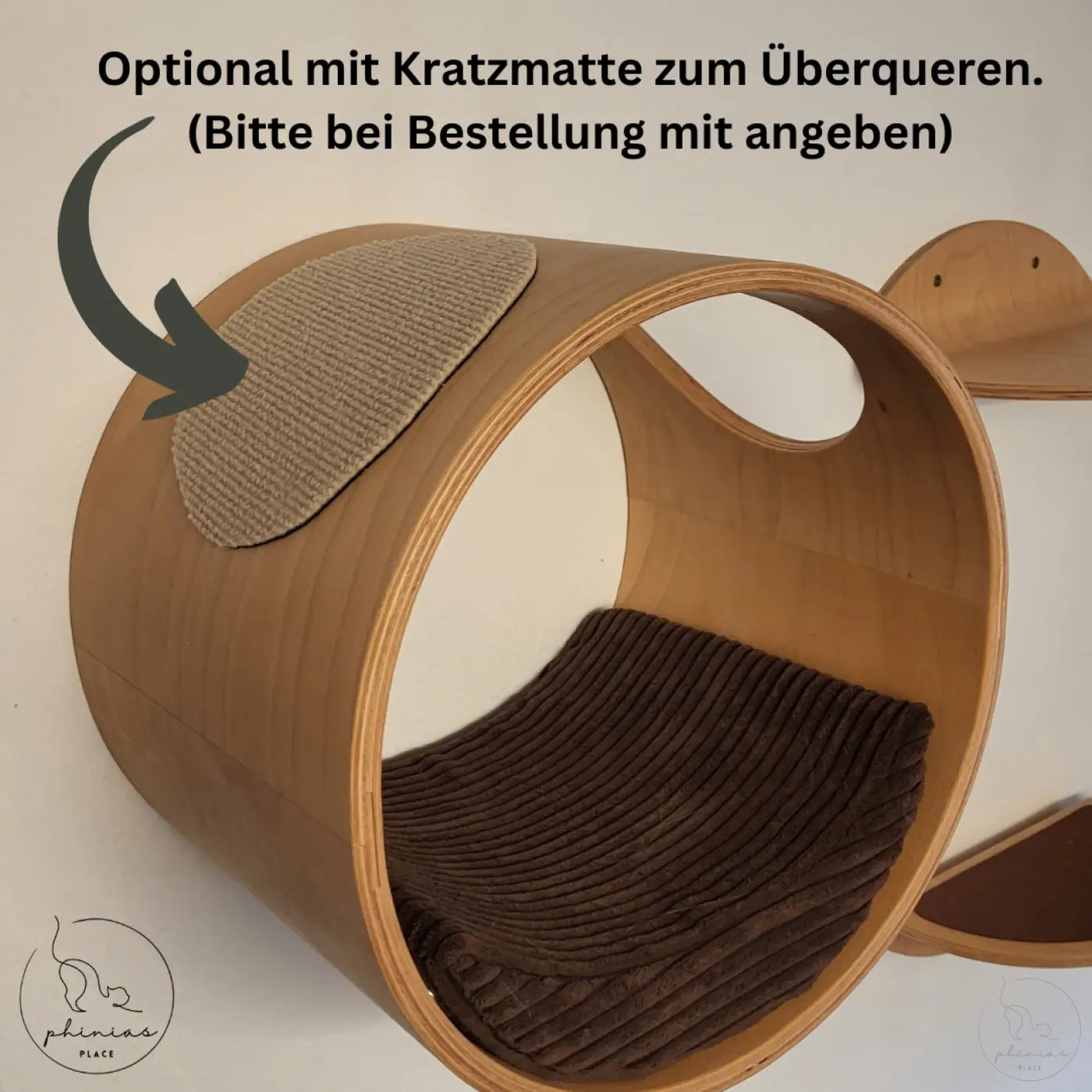 Holz Katzenkletterstruktur für die Phinias Runde Katzenliege mit mondförmigem Kissen
