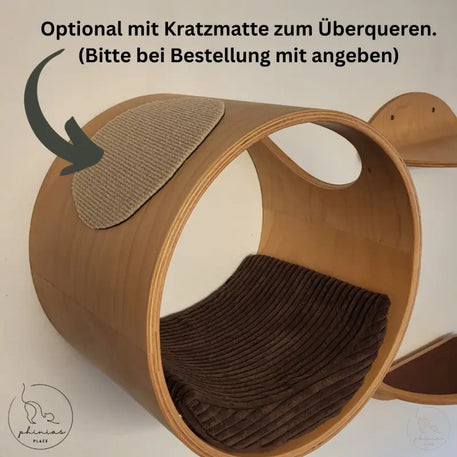 Holz Katzenkletterstruktur für die Phinias Runde Katzenliege mit mondförmigem Kissen
