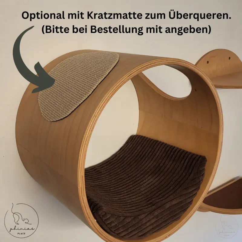 Holz Katzenkletterstruktur für die Phinias Runde Katzenliege mit mondförmigem Kissen