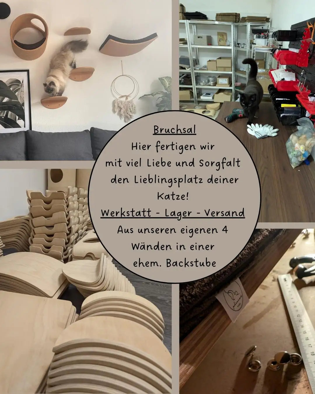 Das Hauptobjekt auf dem Bild ist ein Set aus hellbraunen, gebogenen Holz-Katzenregalen, die an einer Wand montiert sind.