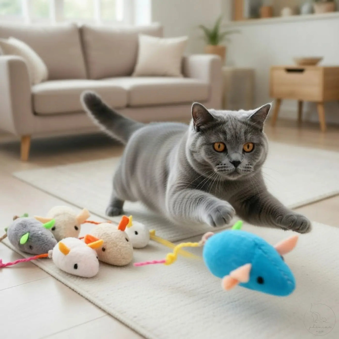 Graue British Shorthair mit orangenen Augen und Katzenspielzeug Katzenmaus Spirale