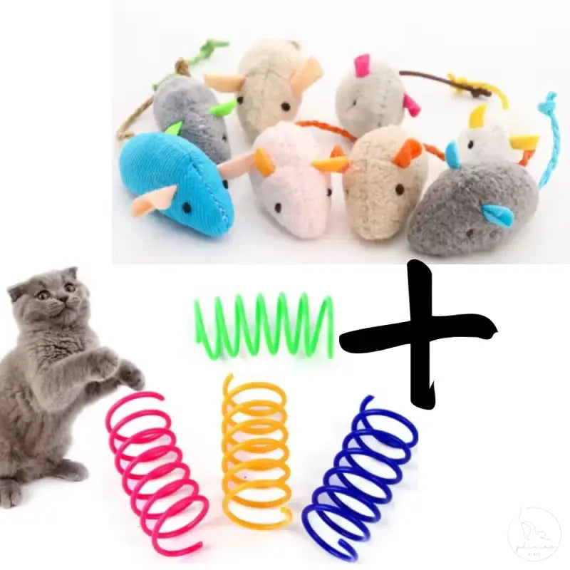 Katzenmaus-Spielzeug aus weichem Stoff mit bunten Akzenten und hängenden Schnüren