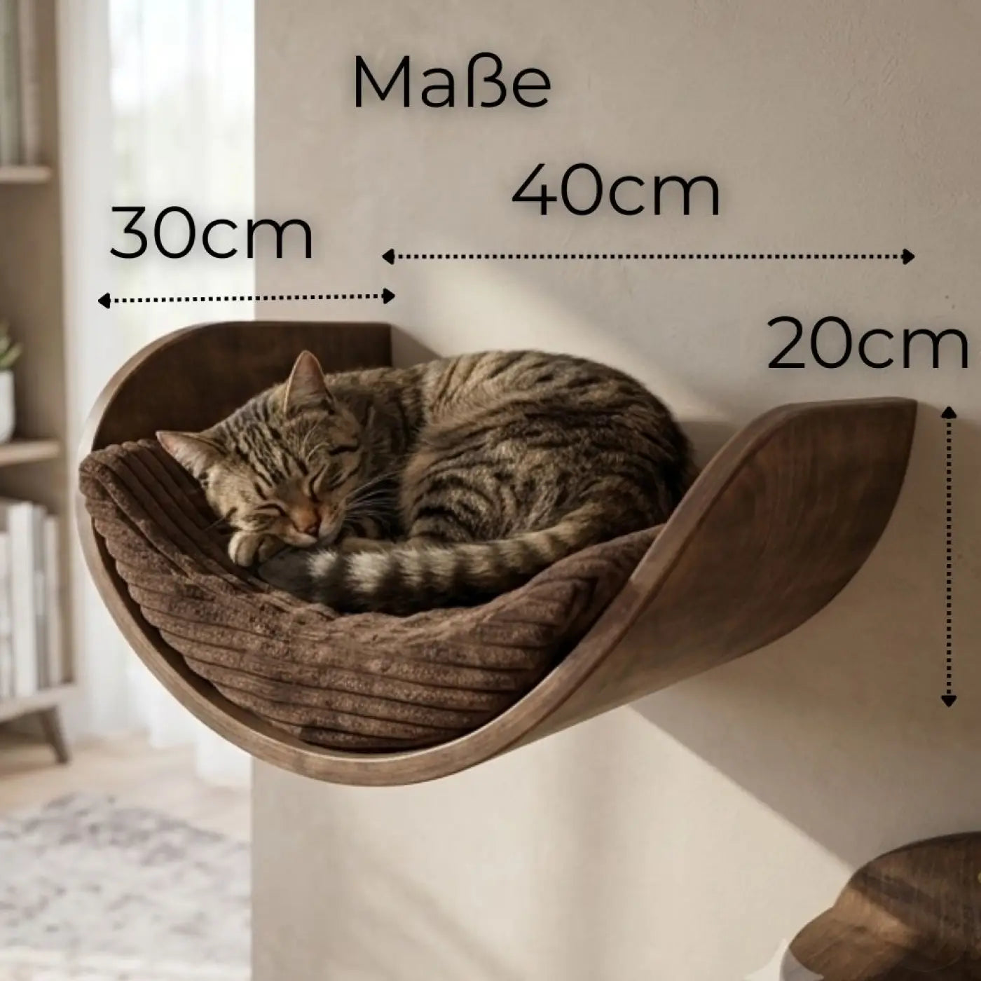 Phinias halbrunde katzenliege moon mit dunkelholz wandmontage und braunem kordstoff für katzen fensterplatz