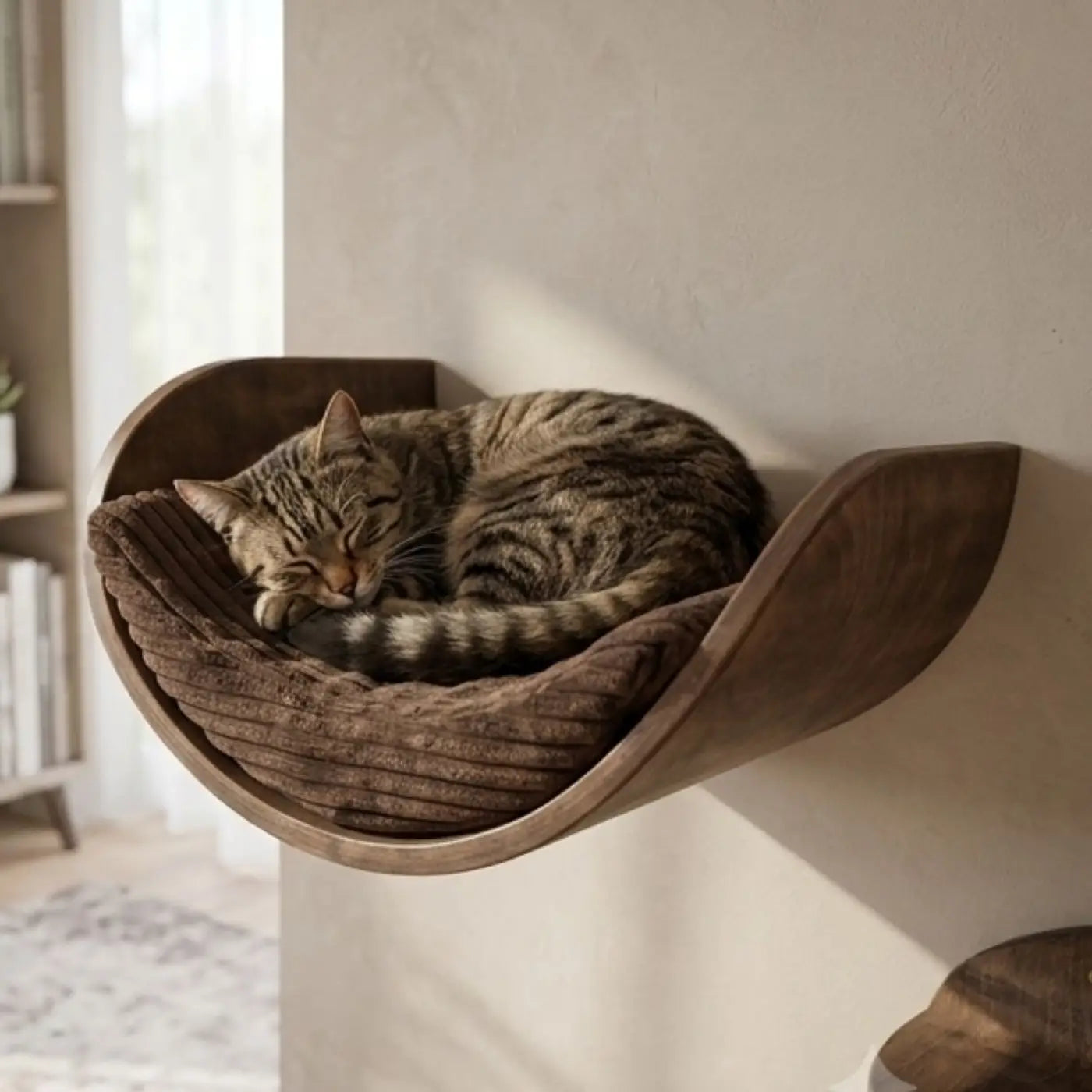 Eine phinias fensterliege katzenliege fensterplatz mit mondförmigem holzrahmen und braunem kordstoff für schlafende katzen