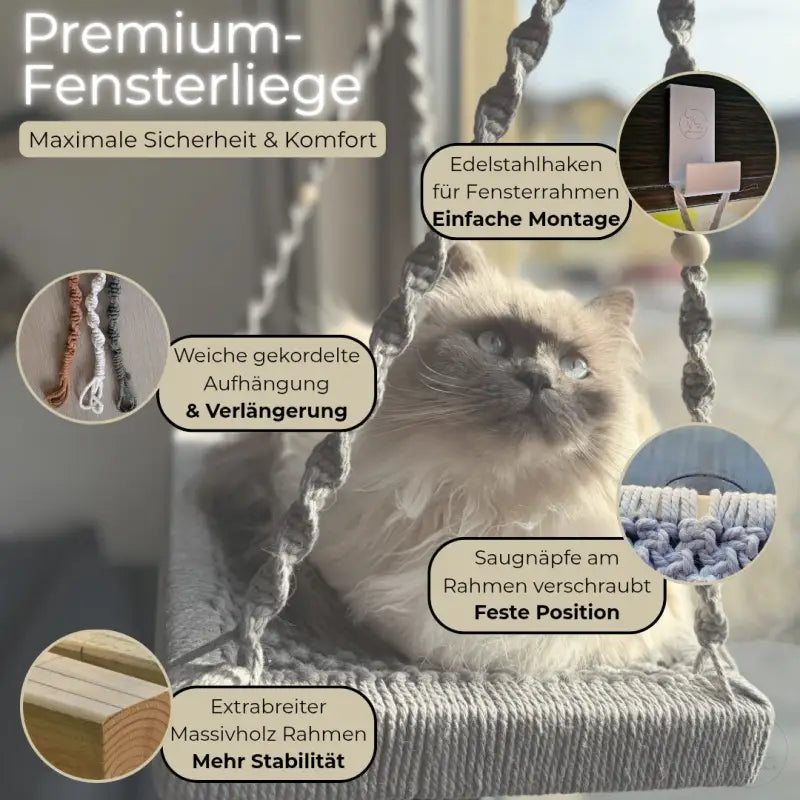 Fensterliege Katze Phinias mit Macrame-Rosen für fensterplatz katze und katze fensterliege