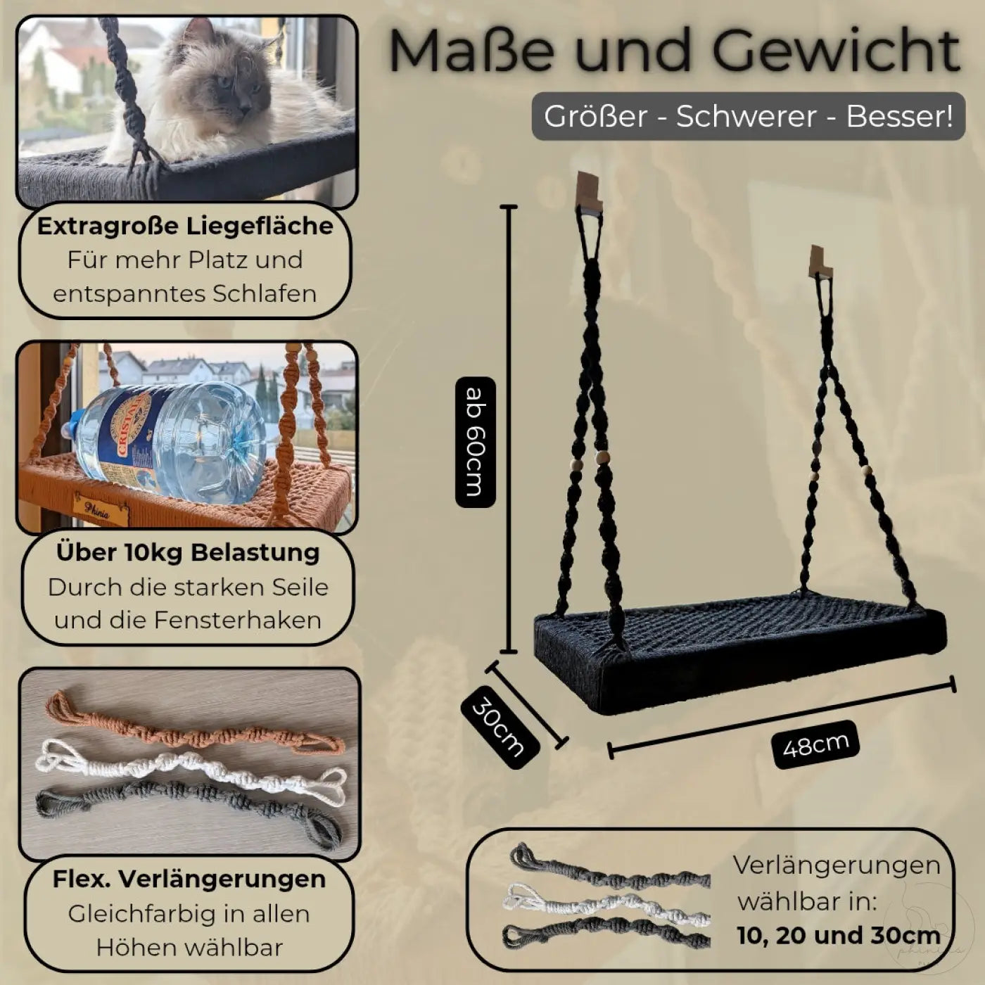 Hängende Katzenliege Phinias Fensterliege mit Maßen, perfekte Fensterplatz Katze