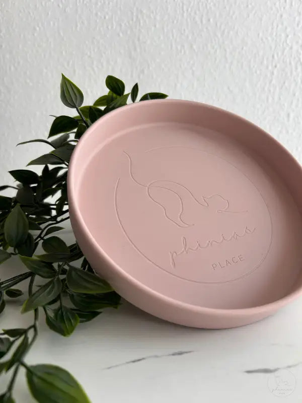 Rosa Dekoteller mit Katzenmotiv.