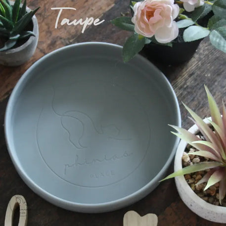 Taupefarbene, flache Schale.