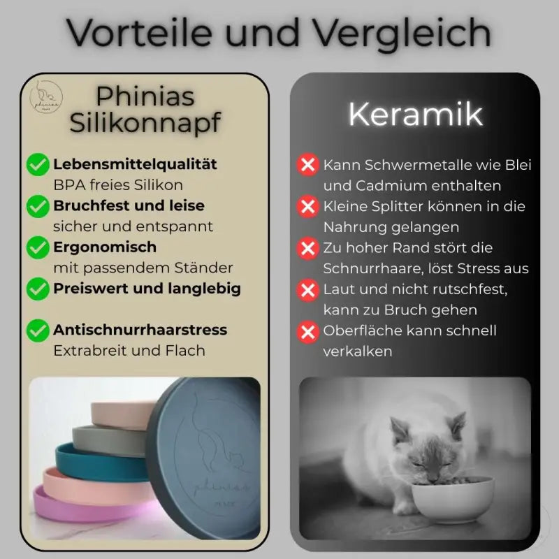 Vergleich von Silikon- und Keramik-Futternapf bei Phinias Place, BPA-freiem Silikon