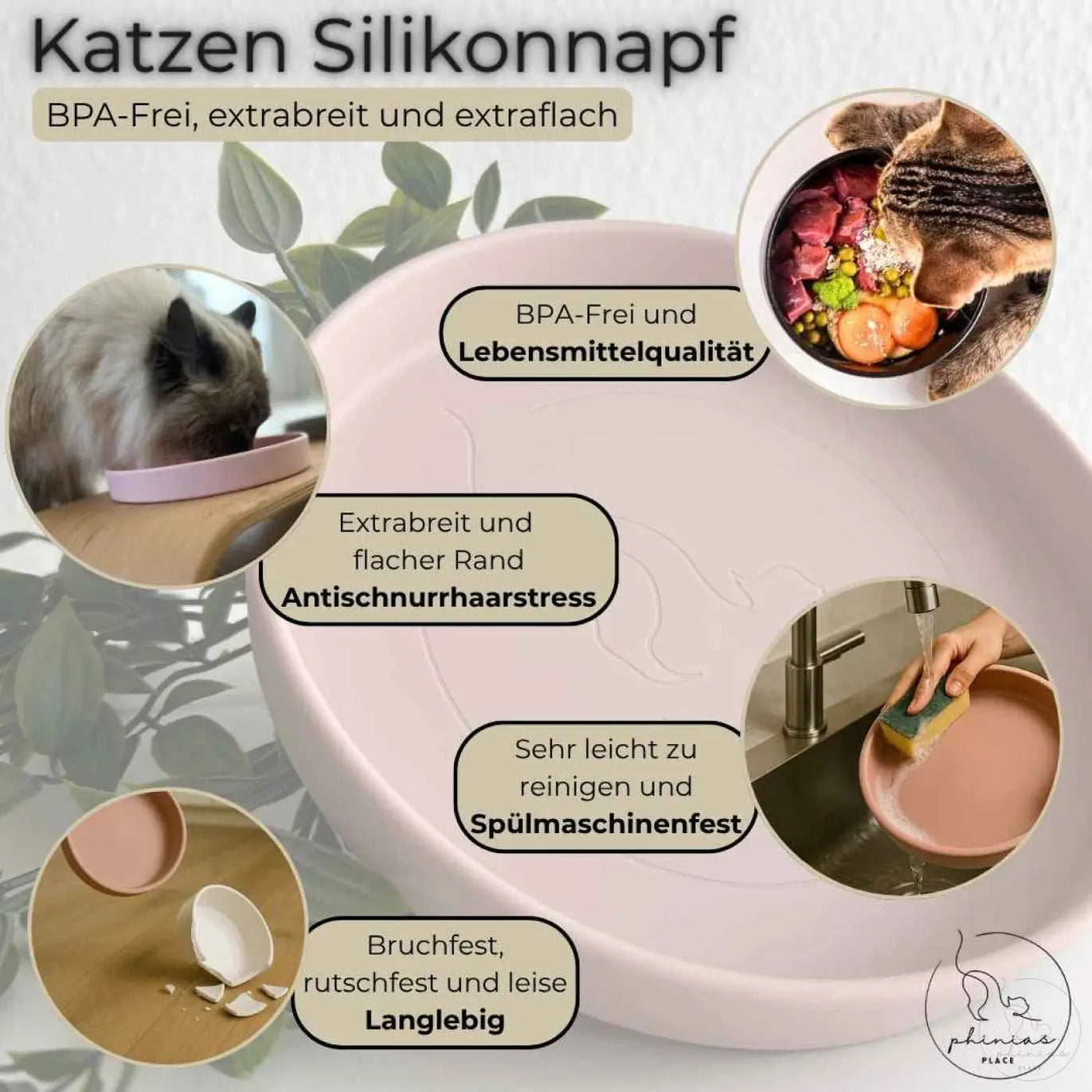 Rosa silikon katzennapf phinias aus BPA-freiem silikon gegen antischnurrhaarstress für norwegische waldkatzen