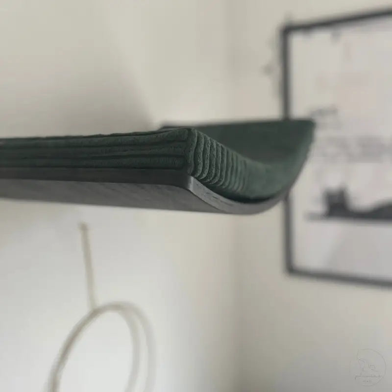 Dunkelgrünes Katzenregal aus Kord.