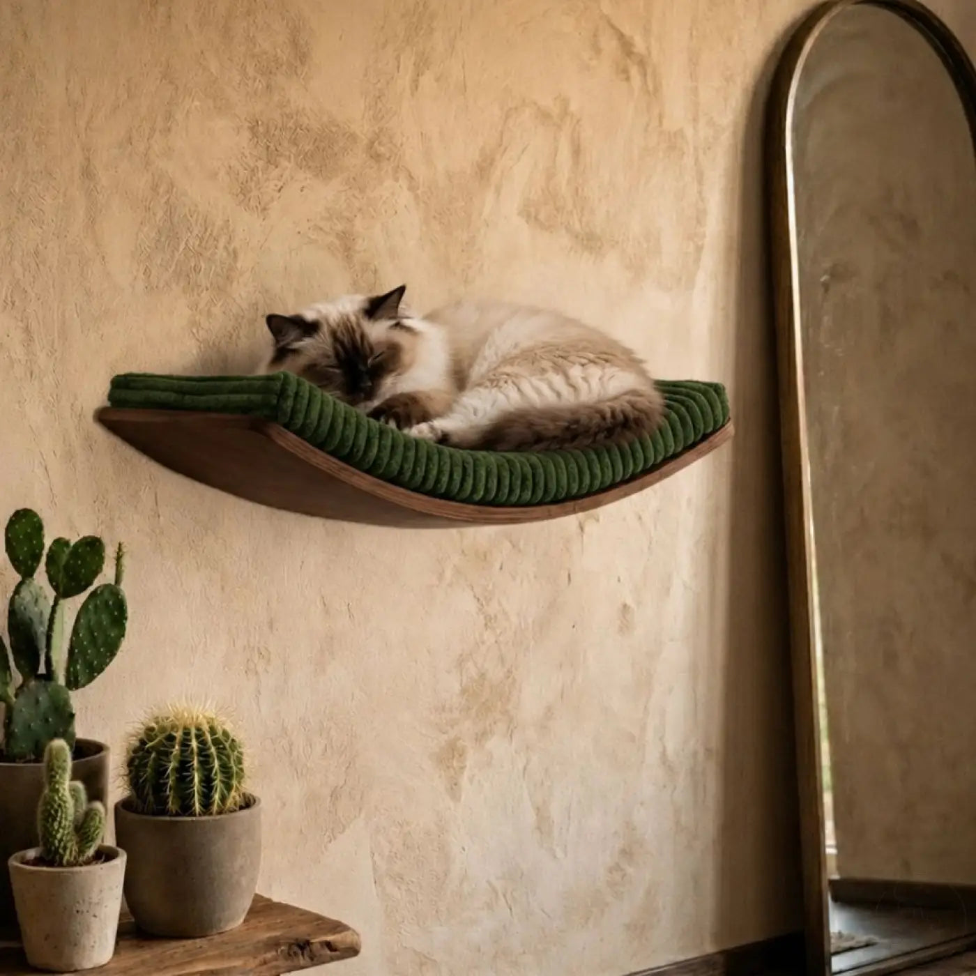 Phinias gebogene katzenliege in schwebendem design mit grünem corduroy-kissen und buchenholzrahmen