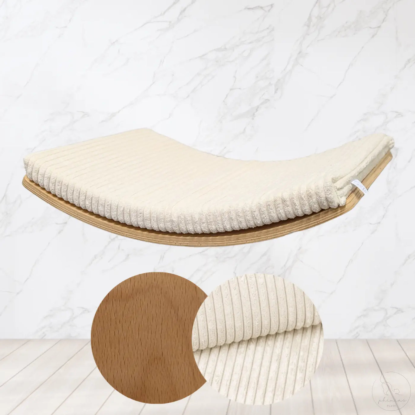 Beige corduroy phinias gebogene katzenliege mit lichtem buchenholzrahmen im schwebenden design mit fischer duopower-dübel