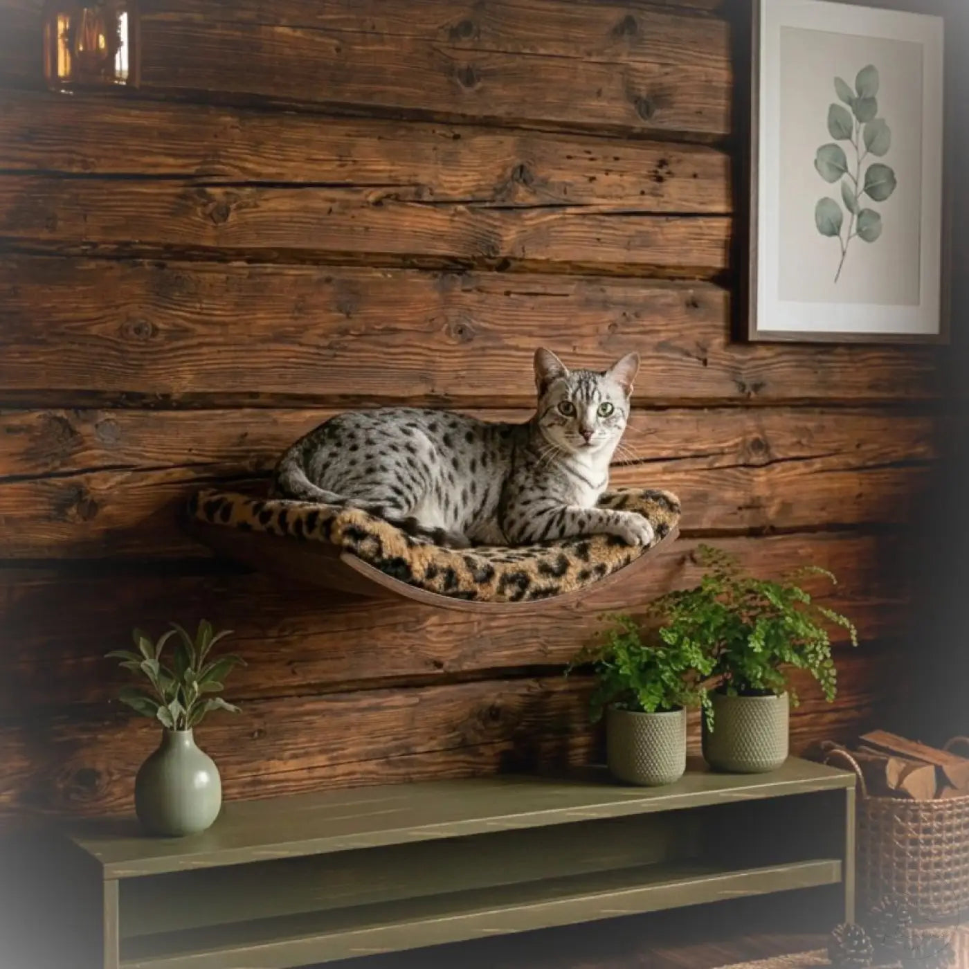 Eine sleek, gefleckte katze liegt bequem in der schwebenden phinias gebogene katzenliege aus buchensperrholz