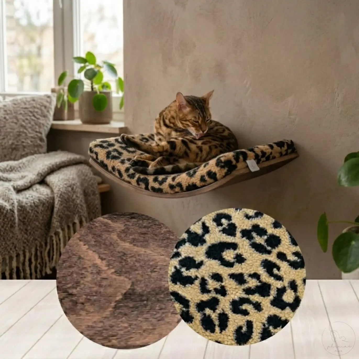 Phinias gebogene katzenliege in schwebendem design mit leopard-print samtbett und rahmen aus buchensperrholz