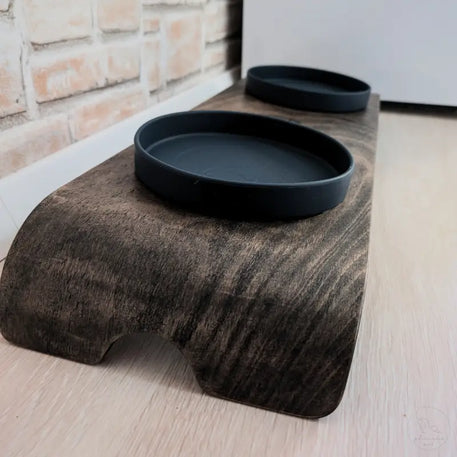 Erhöhte Futterstation für Haustiere mit zwei Näpfen.