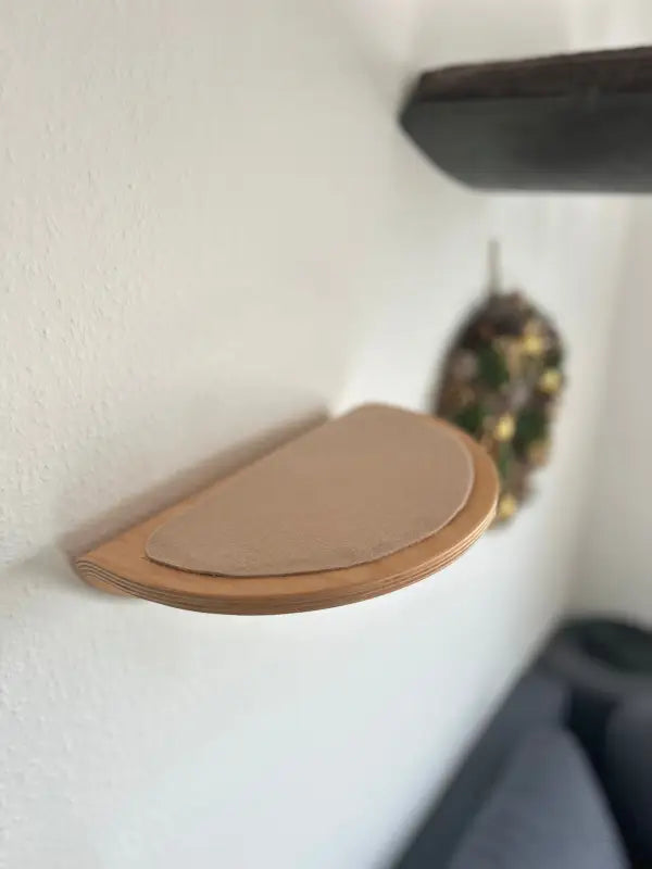 Halbkreisförmiges Wandregal aus Holz mit hellbraunem Kissen.