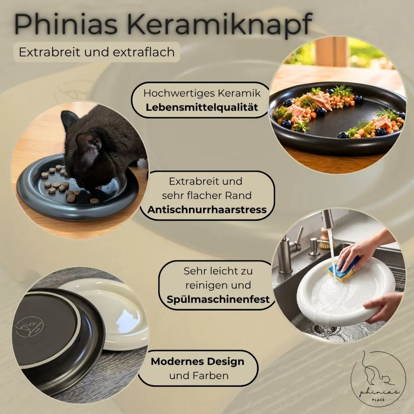 Phinias keramiknapf für katzen in schwarz-weiß mit extra flachem design und schnurrhaarfreundlicher breite von 21 cm