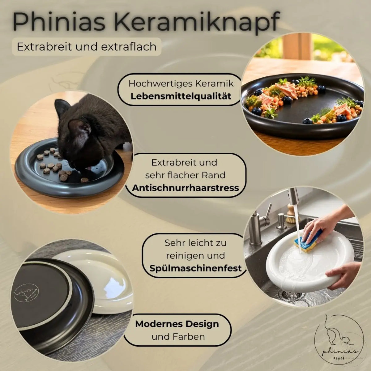 Phinias keramiknapf für katzen in schwarz-weiß mit extra flachem design und schnurrhaarfreundlicher breite von 21 cm