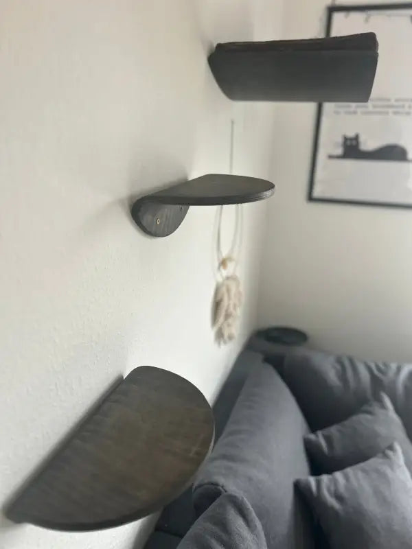 Drei dunkle Holzregale für Katzen.