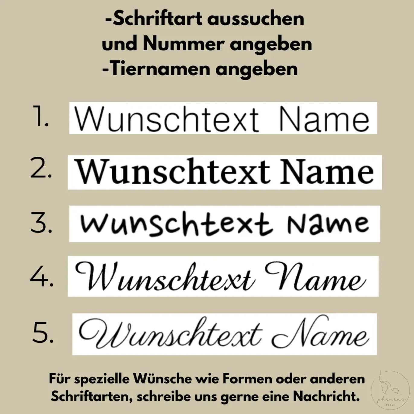 Fünf verschiedene schriftarten für individuellen text auf weißem hintergrund in der phinias katzenliege fensterplatz limitierte sommeredition pink und orange