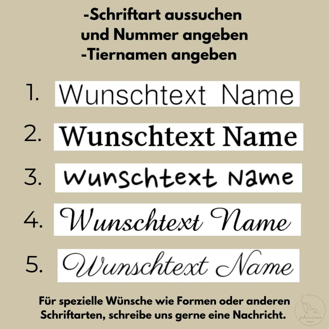 Fünf verschiedene schriftarten für individuellen text auf weißem hintergrund in der phinias katzenliege fensterplatz limitierte sommeredition pink und orange