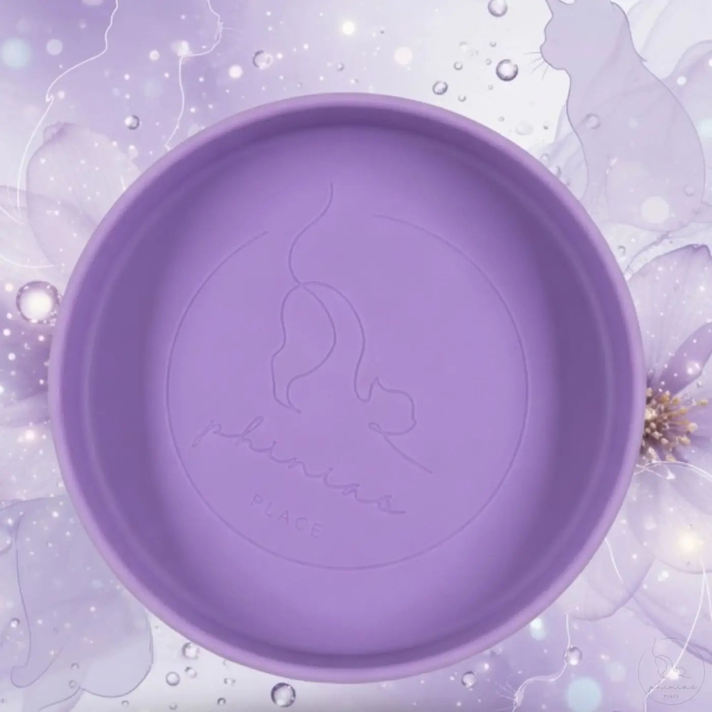 Phinias Futternapf aus lila Silikon mit Katze und Phina-Branding gegen Schnurrhaare ständig