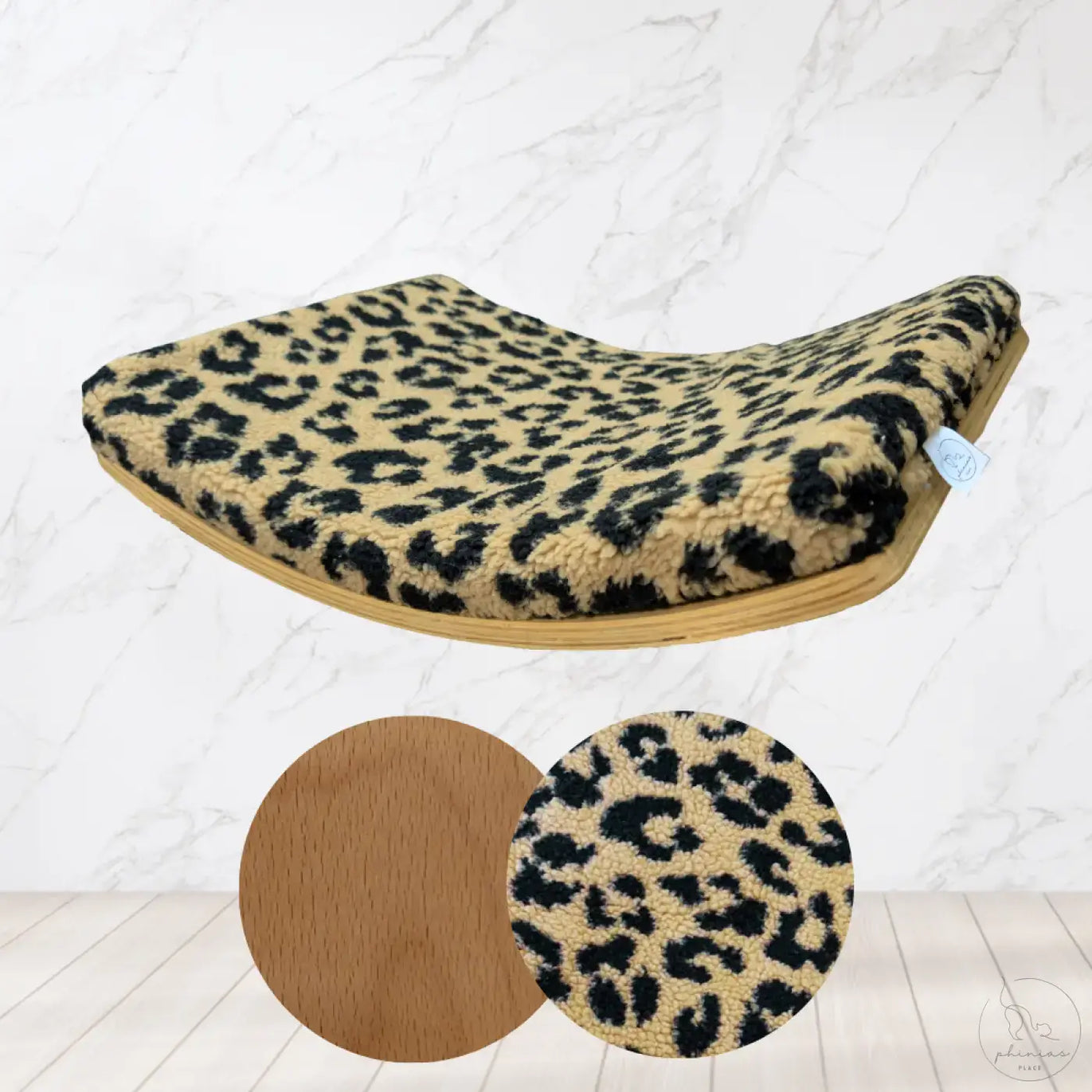 Phinias gebogene katzenliege mit leopardmuster plüschbett und holzrahmen in schwebendem design aus buchensperrholz