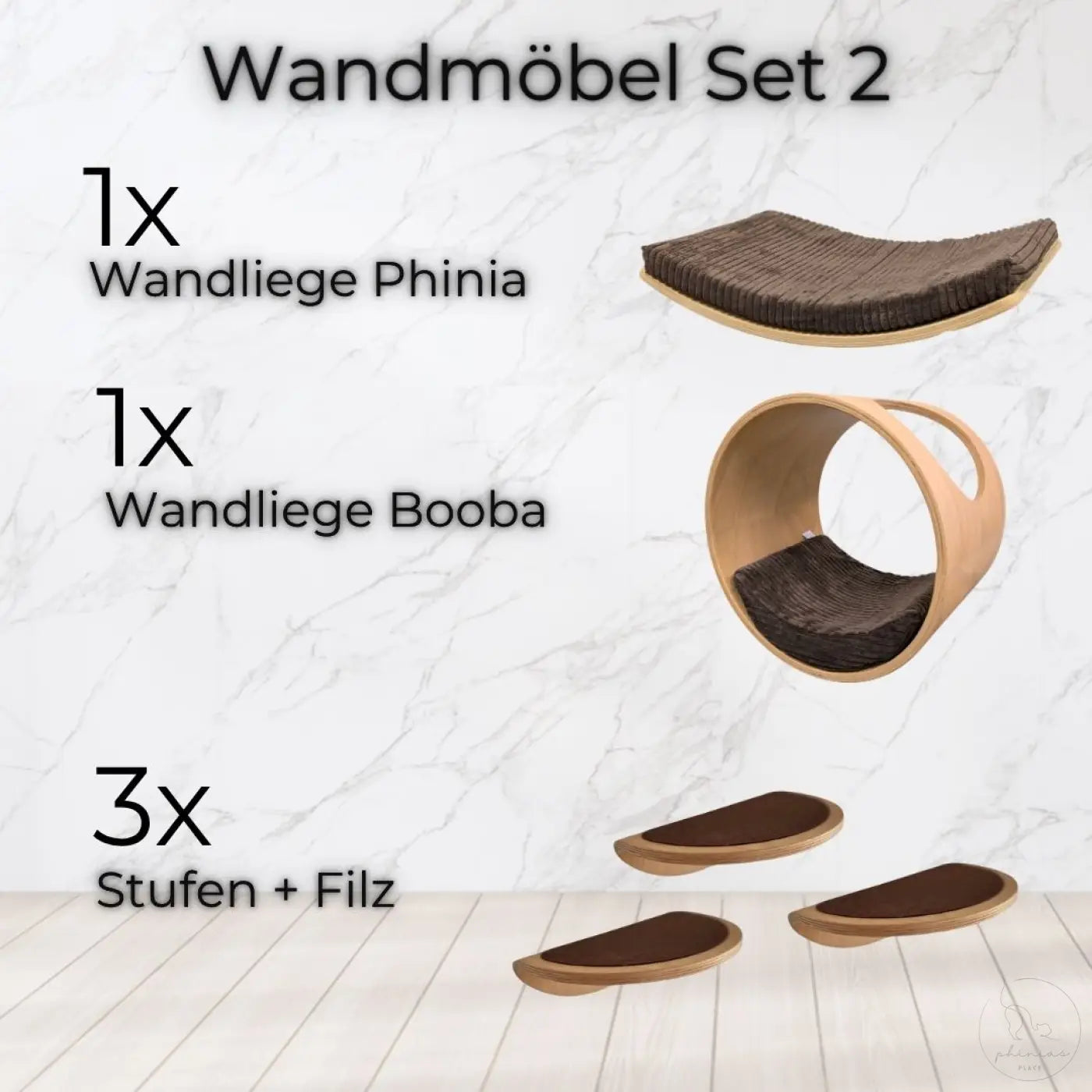 Wandmöbel set 2 mit wandliege phinia und joey lee stang in hellholz mit dunkelbraunem gepolstertem innenraum